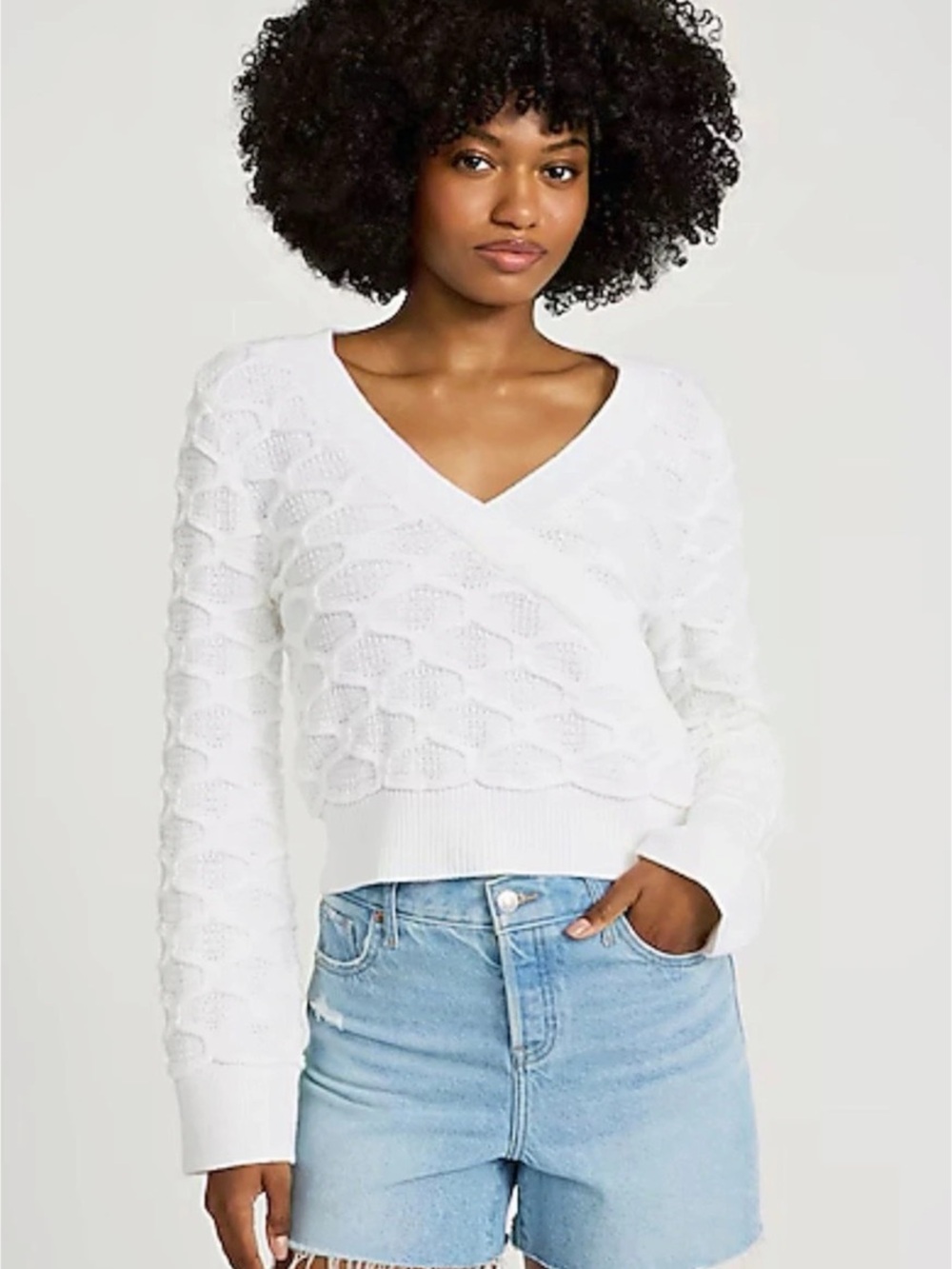 Express Textured Surplice Cropped Sweater V-Neck Sweater White XL